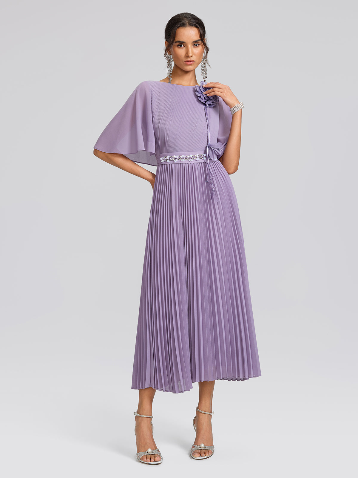 Embroidered Pleated Maxi Dress (Detachable Floral & Waist Tie Included)