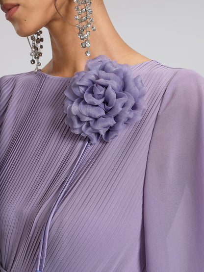 Embroidered Pleated Maxi Dress (Detachable Floral & Waist Tie Included)