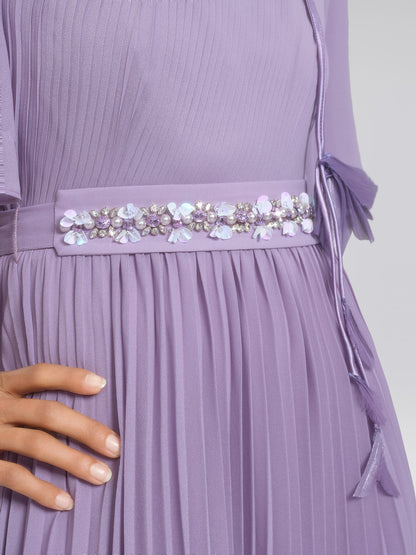 Embroidered Pleated Maxi Dress (Detachable Floral & Waist Tie Included)