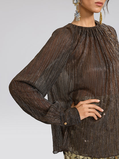 Glitter Pleated Floral Blouse (Detachable Flower Included)