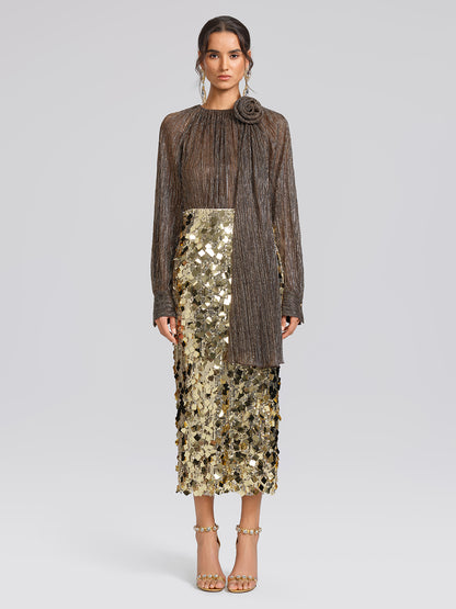 Glitter Pleated Floral Blouse (Detachable Flower Included)