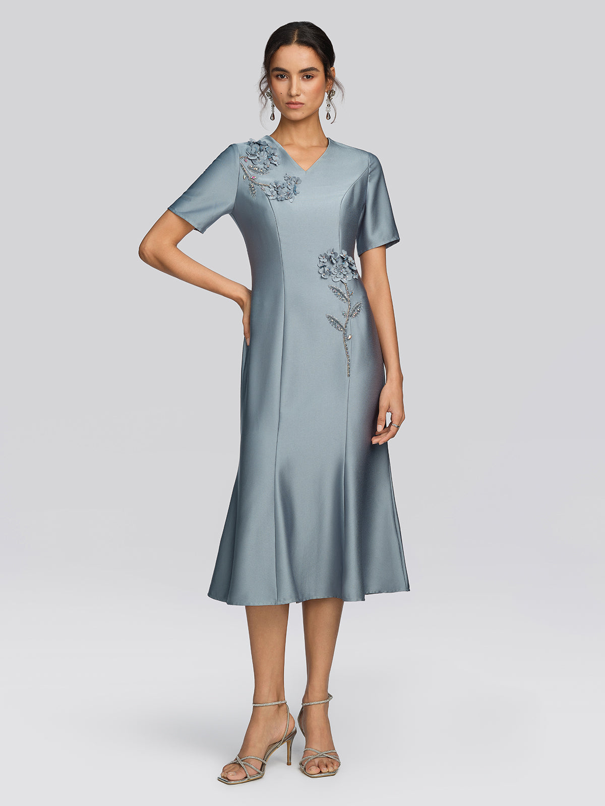 Acetate Satin 3D Flower Beaded Dress