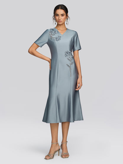 Acetate Satin 3D Flower Beaded Dress