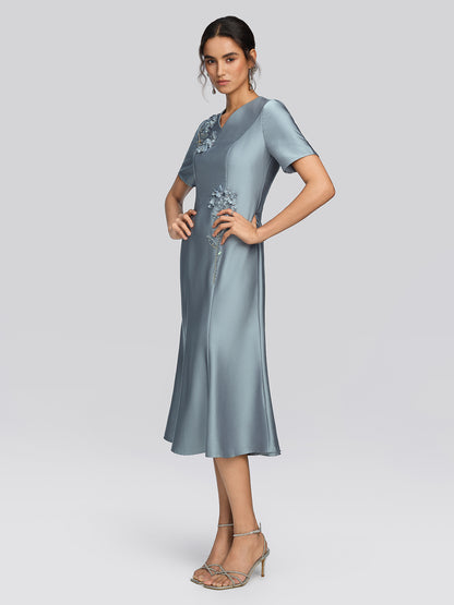Acetate Satin 3D Flower Beaded Dress