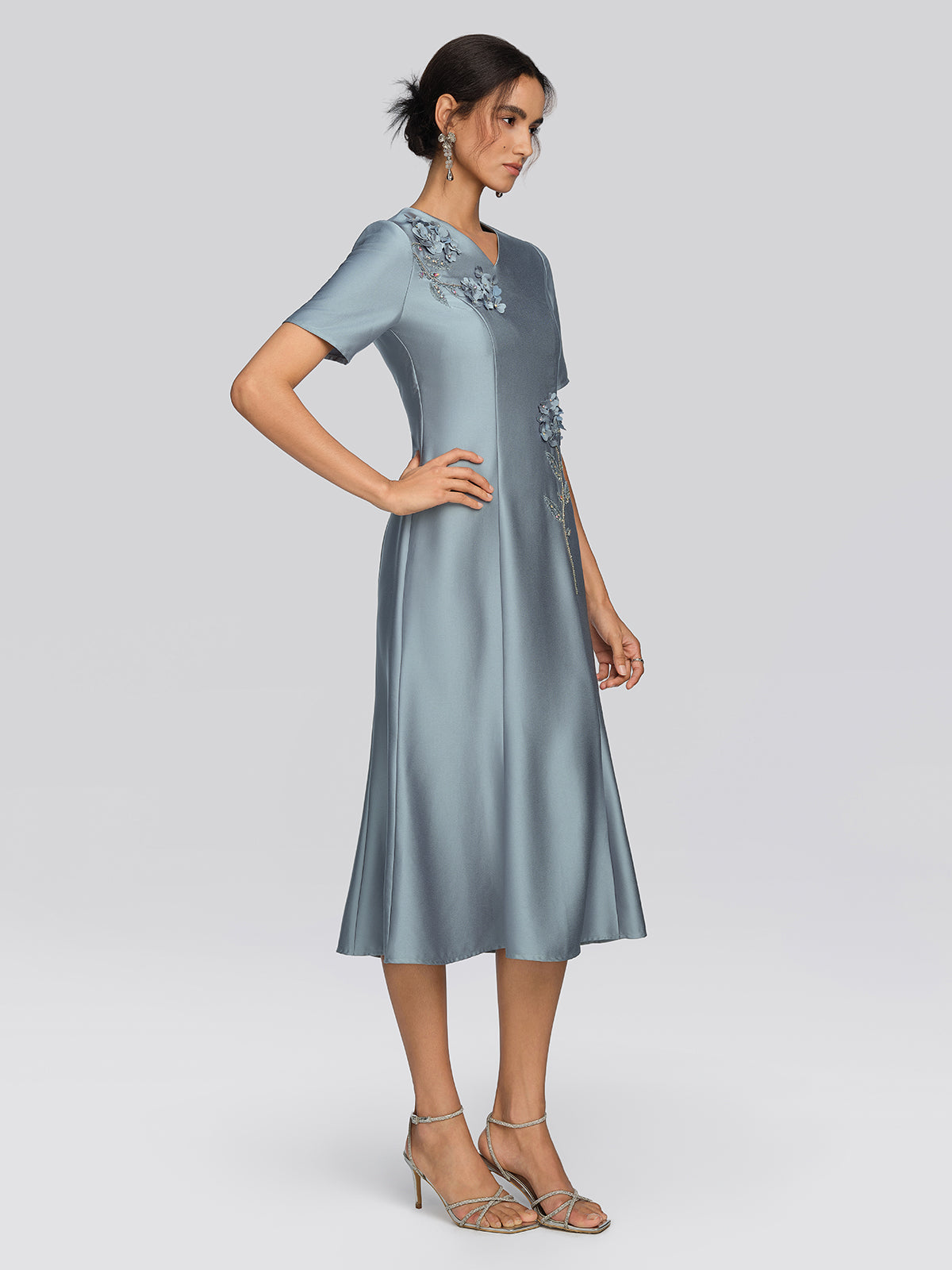 Acetate Satin 3D Flower Beaded Dress