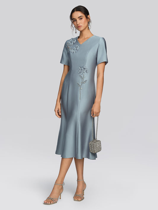 Acetate Satin 3D Flower Beaded Dress