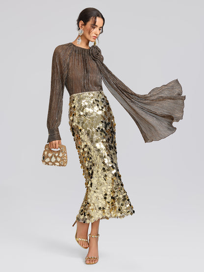 Glitter Pleated Floral Blouse (Detachable Flower Included)