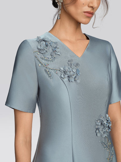 Acetate Satin 3D Flower Beaded Dress