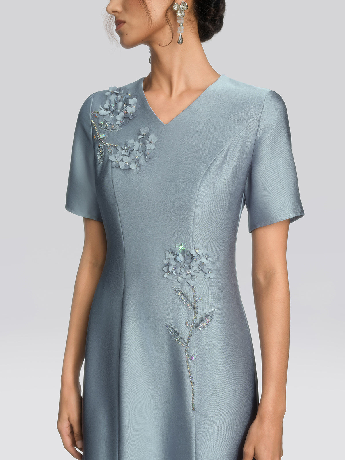 Acetate Satin 3D Flower Beaded Dress