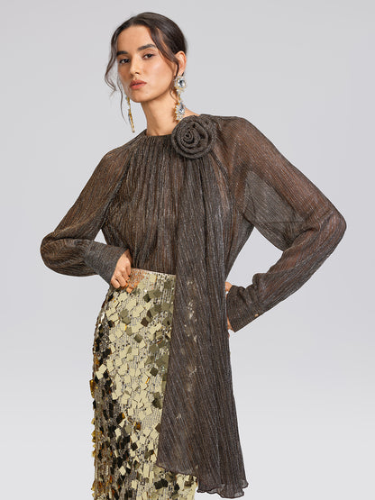 Glitter Pleated Floral Blouse (Detachable Flower Included)