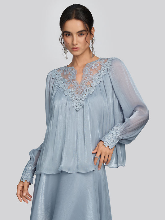 Pearlescent Organza Guipure Lace V-Neck Blouse