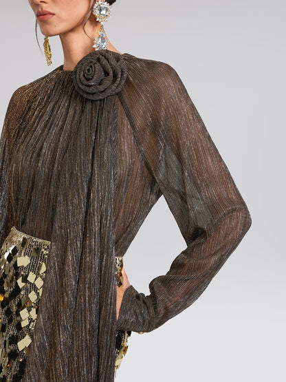 Glitter Pleated Floral Blouse (Detachable Flower Included)