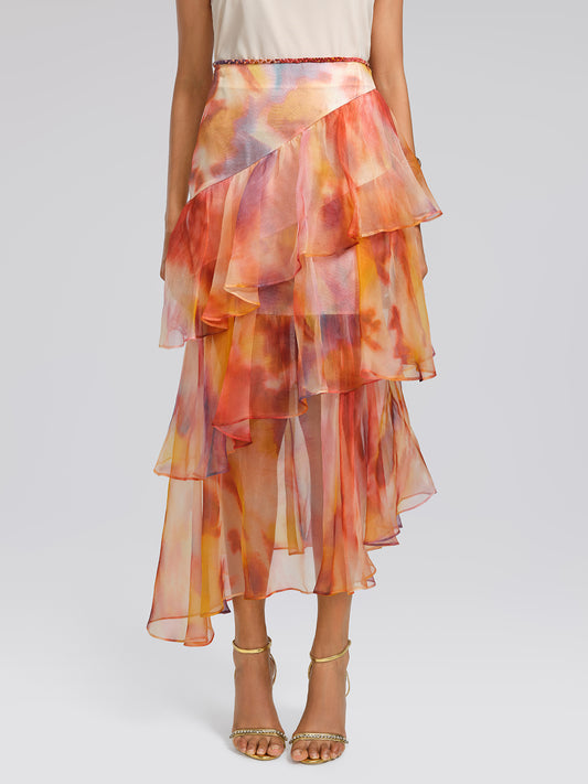 Silk Tie-Dye Ruffled Vacation Skirt