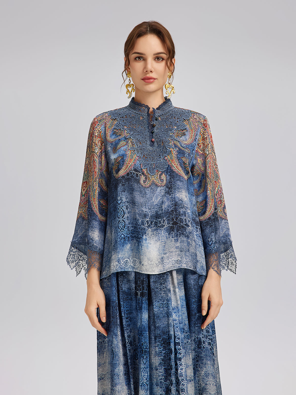 100% Silk Paisley Tie-Dye Stand Collar Blouse