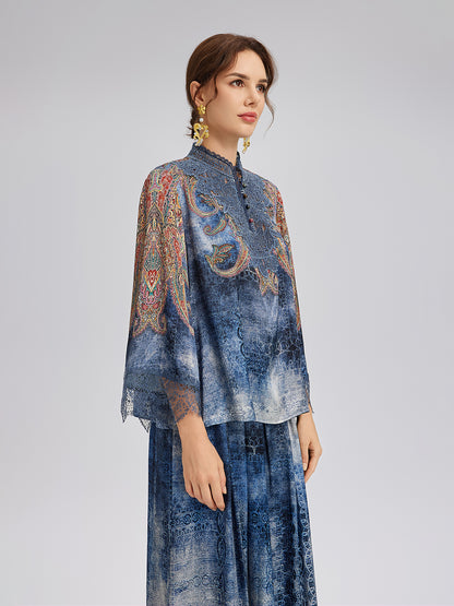 100% Silk Paisley Tie-Dye Stand Collar Blouse