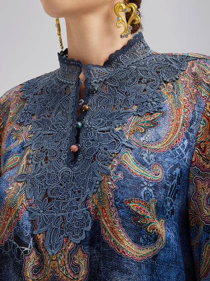 100% Silk Paisley Tie-Dye Stand Collar Blouse