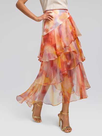 Silk Tie-Dye Ruffled Vacation Skirt