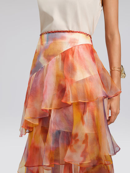 Silk Tie-Dye Ruffled Vacation Skirt