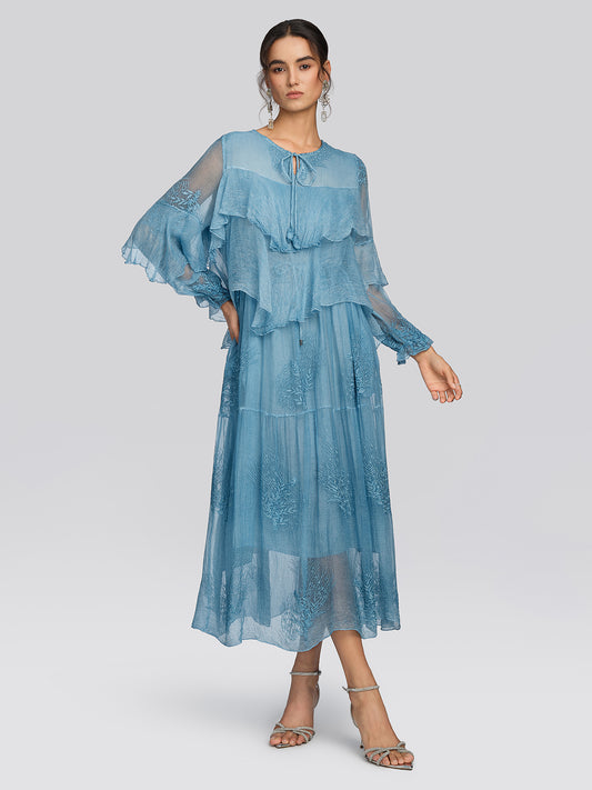Washed Silk Floral Embroidered Dress
