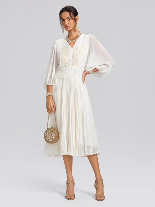 Handwoven Pleated V Neck Dress
