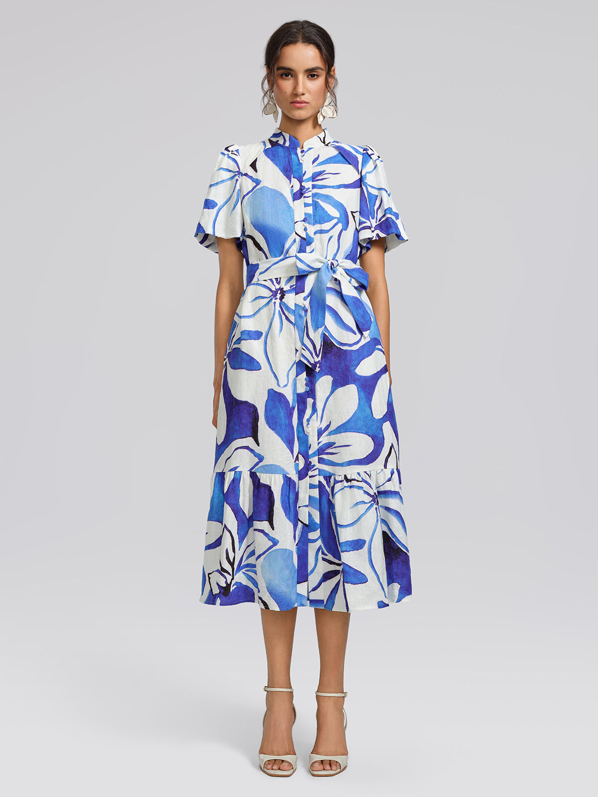 Hand-Drawn Resort Print Linen Dress (Waist Tie Included)