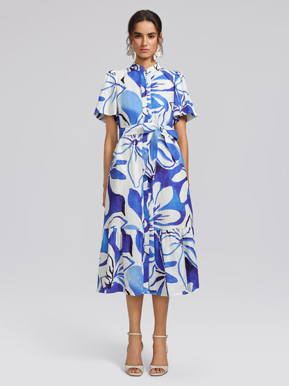 Hand-Drawn Resort Print Linen Dress (Waist Tie Included)