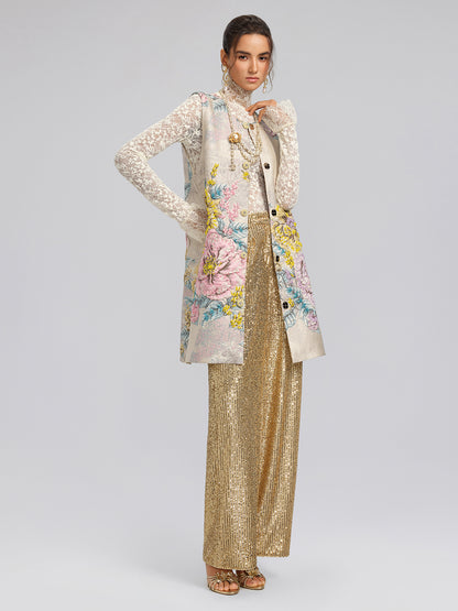 Hand-Sewn Jacquard Floral Beaded Vest