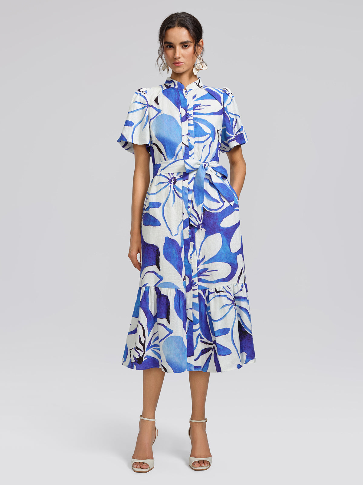 Hand-Drawn Resort Print Linen Dress (Waist Tie Included)