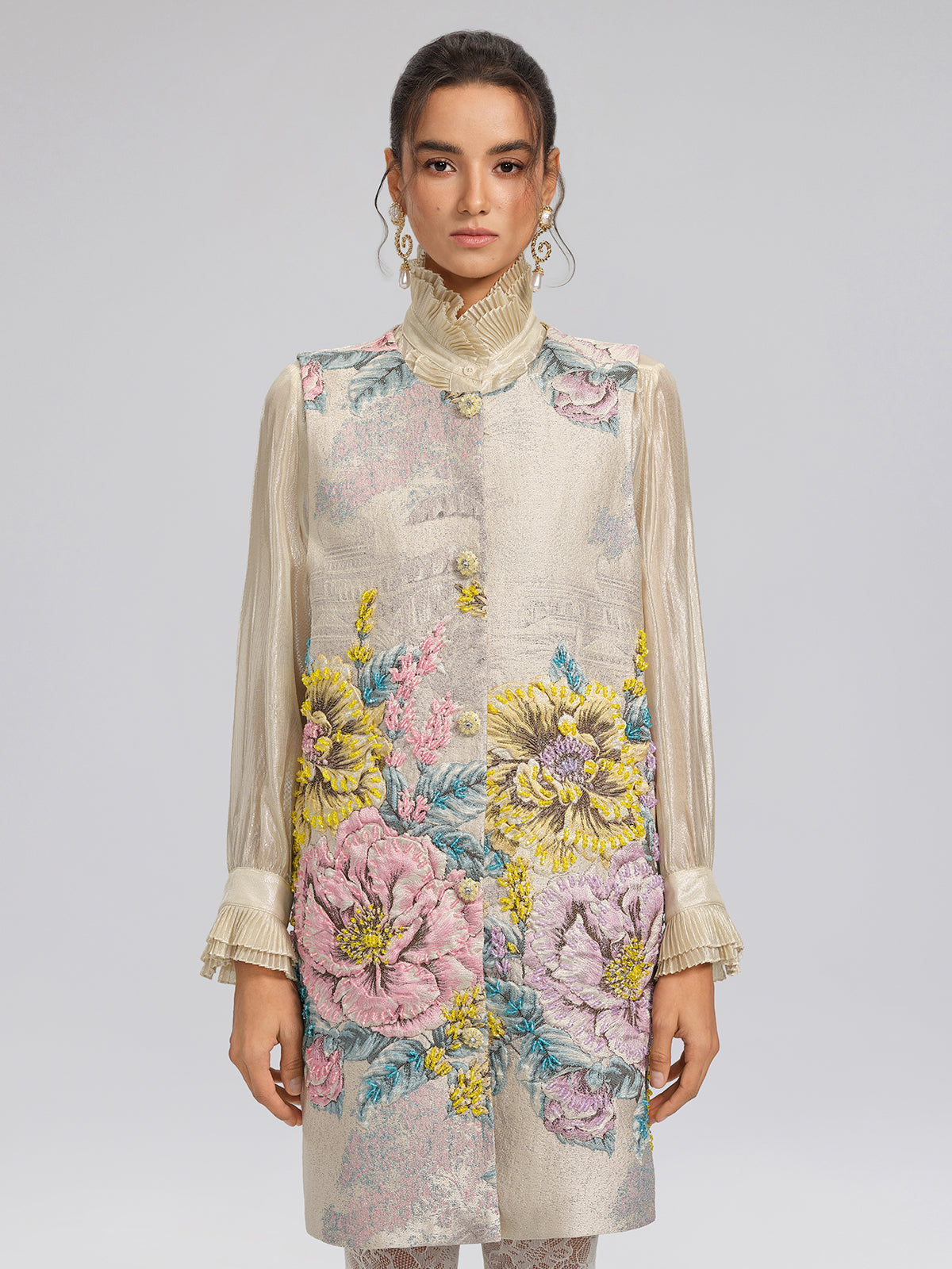 Hand-Sewn Jacquard Floral Beaded Vest