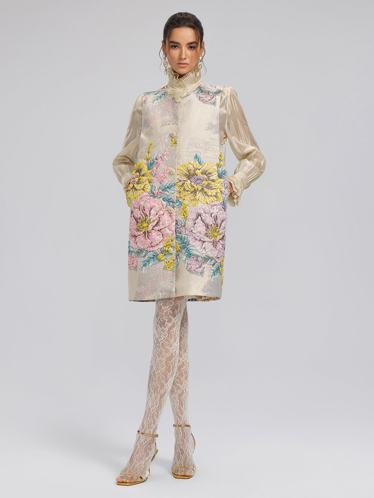 Silk Metallic-Sheen Pleated Shirt