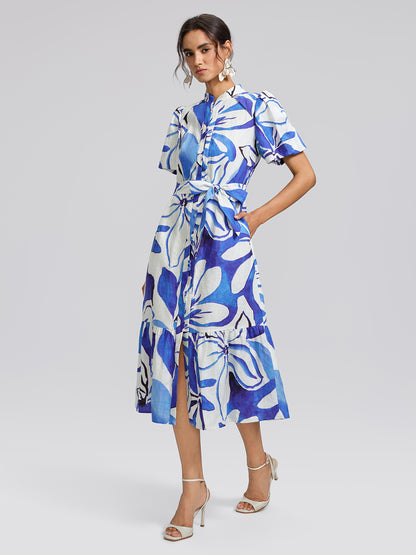 Hand-Drawn Resort Print Linen Dress (Waist Tie Included)