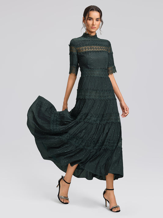 French Lace Panel Ruffle Dress