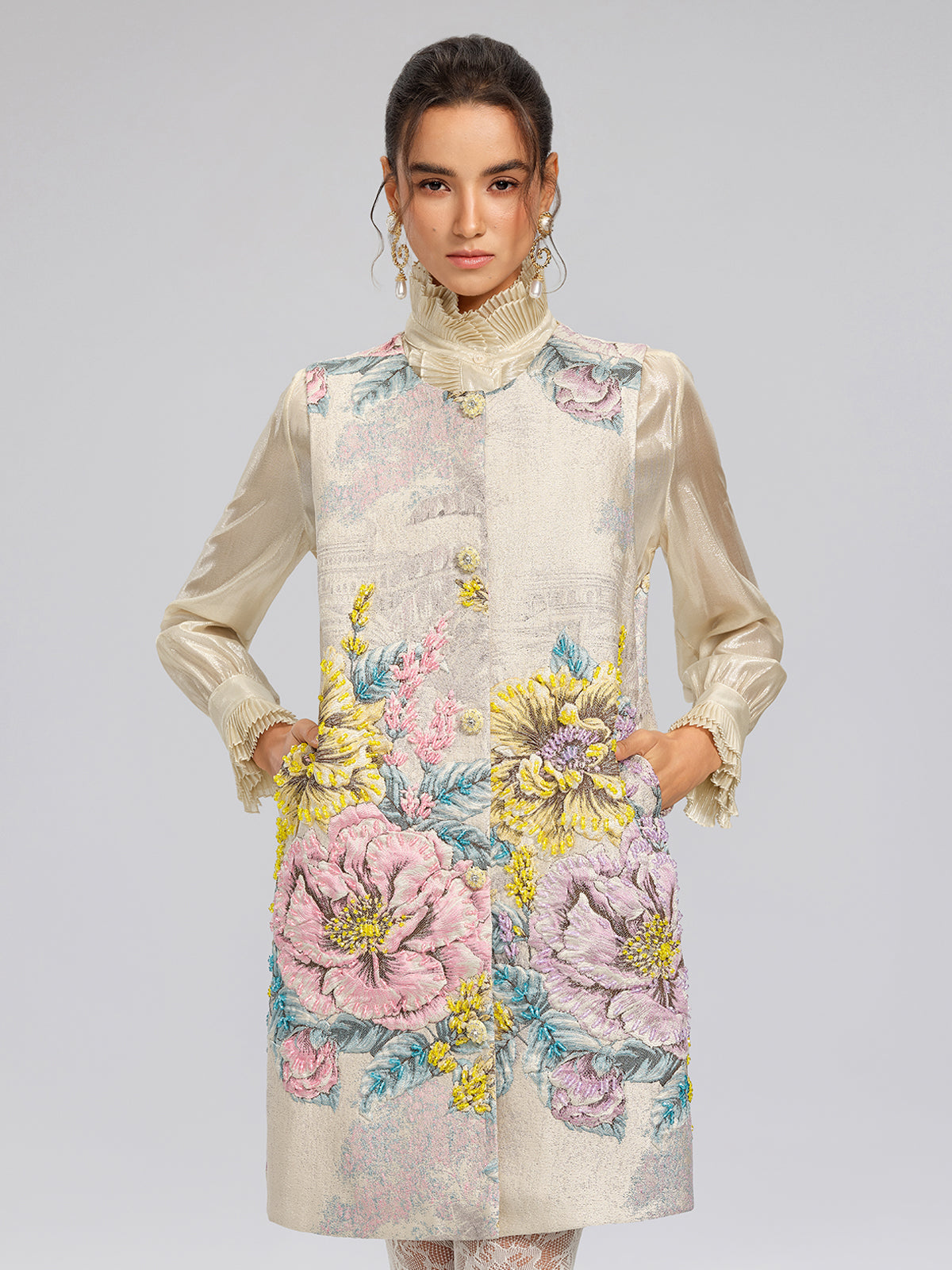 Hand-Sewn Jacquard Floral Beaded Vest