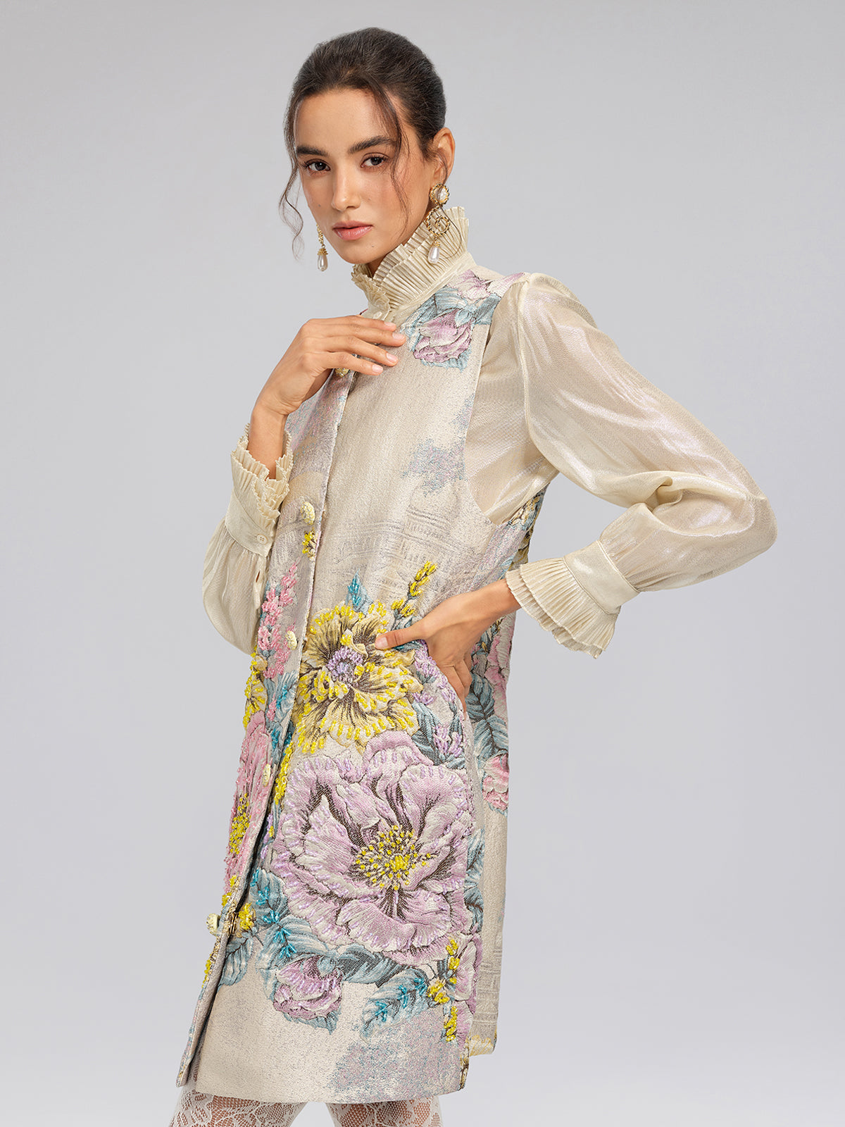 Hand-Sewn Jacquard Floral Beaded Vest