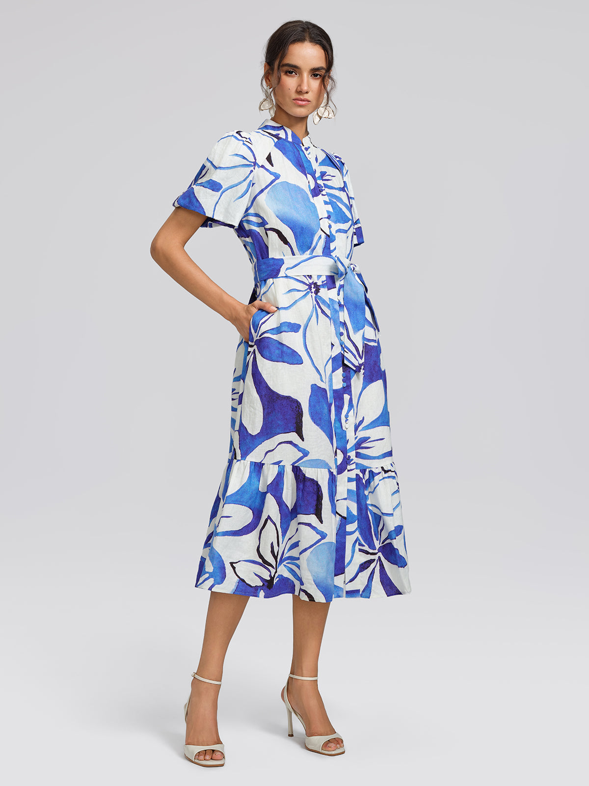 Hand-Drawn Resort Print Linen Dress (Waist Tie Included)