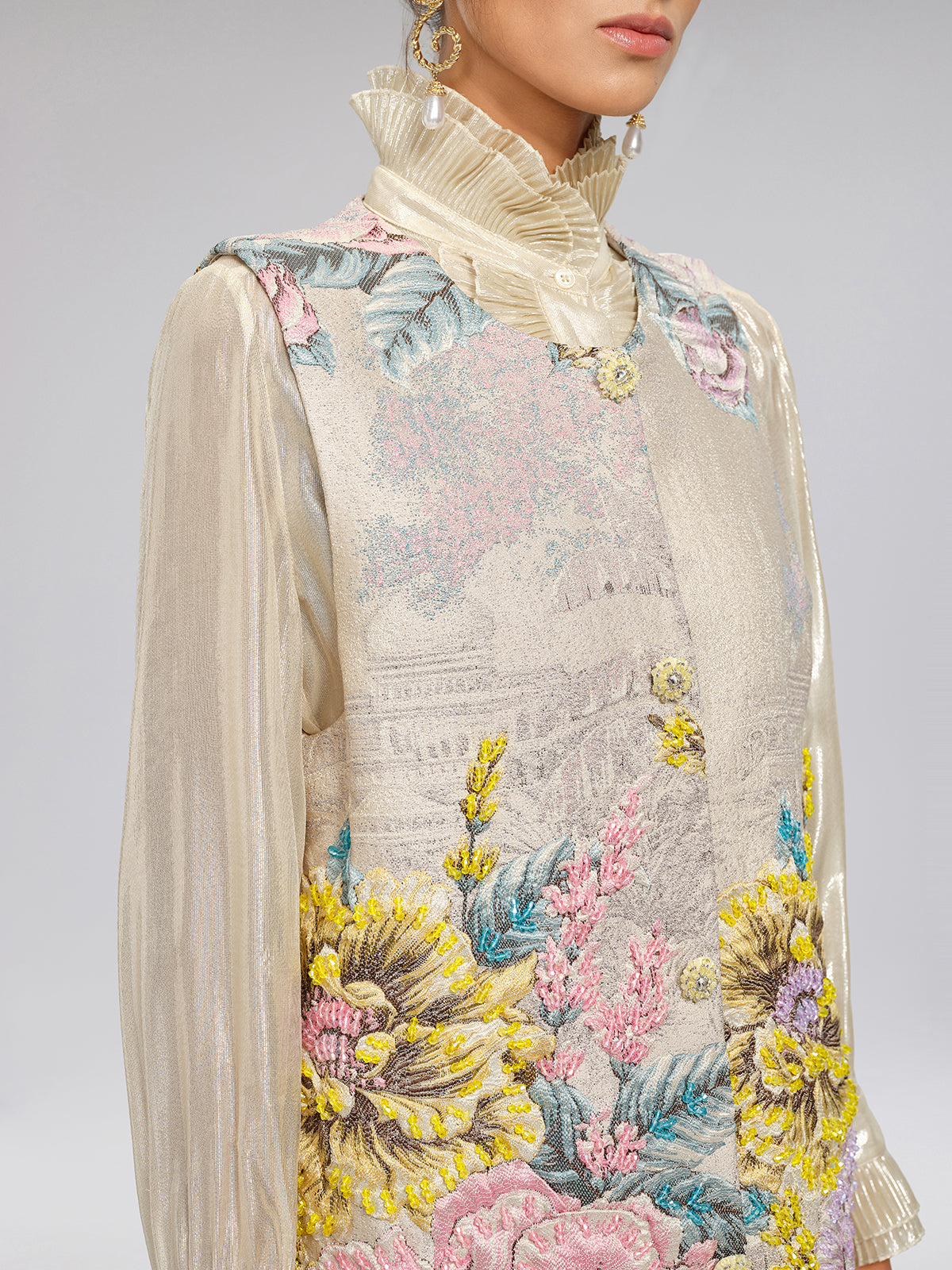 Hand-Sewn Jacquard Floral Beaded Vest