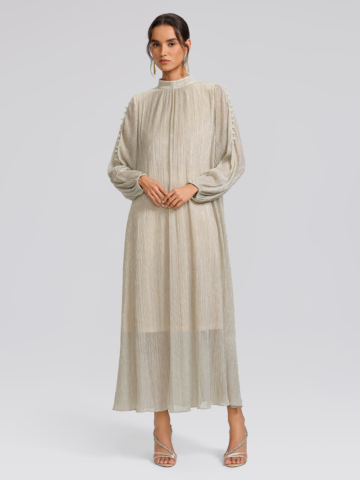 Glitter Pleated Pearl-Buttons Dress (Detachable Floral & Waist Tie Included)