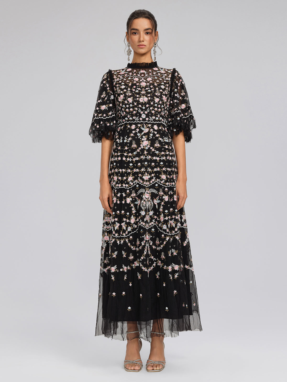 Embroidered Floral Ruffled Tulle Dress