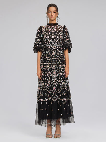 Embroidered Floral Ruffled Tulle Dress