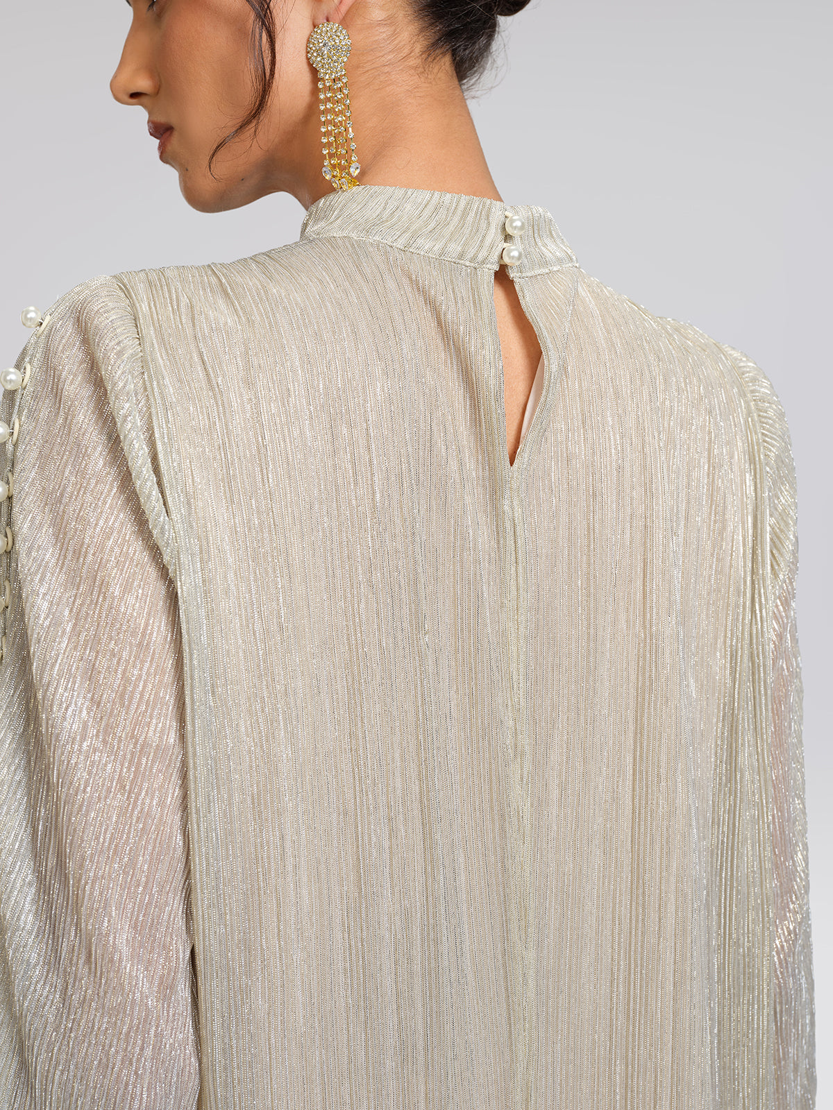 Glitter Pleated Pearl-Buttons Dress (Detachable Floral & Waist Tie Included)