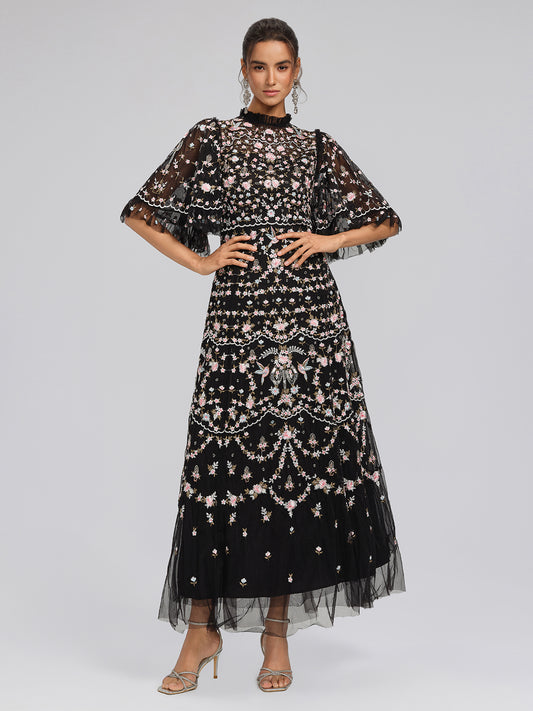 Embroidered Floral Ruffled Tulle Dress