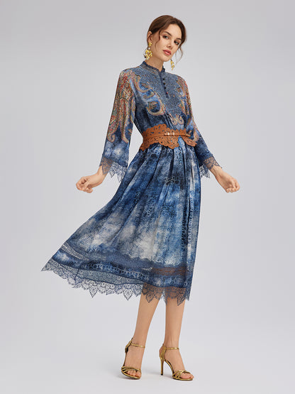 100% Silk Paisley Tie-Dye Stand Collar Blouse