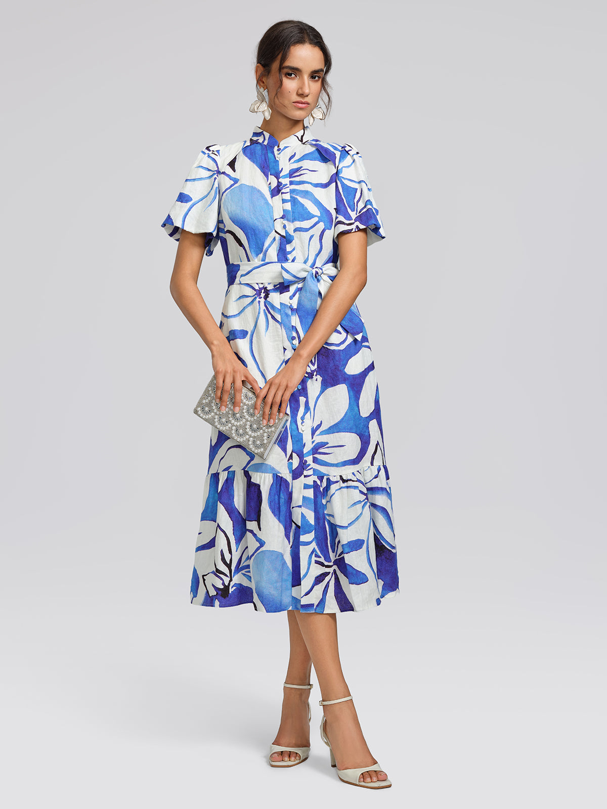 Hand-Drawn Resort Print Linen Dress (Waist Tie Included)