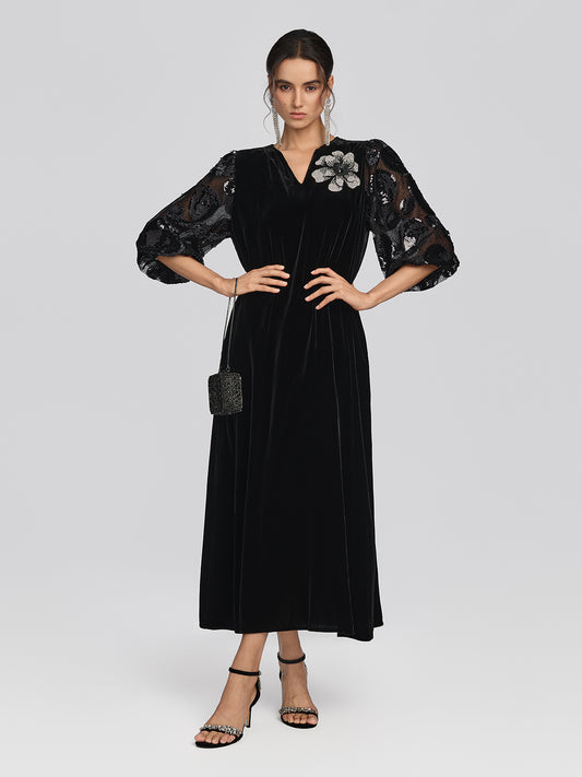 Silk Velvet Sequin Floral Dress