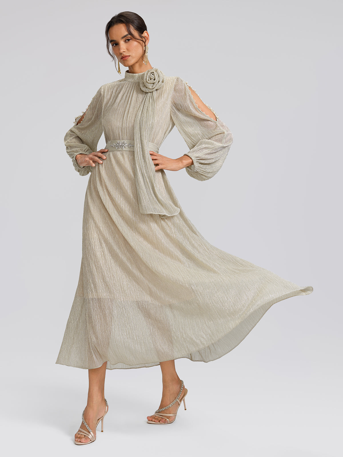 Glitter Pleated Pearl-Buttons Dress (Detachable Floral & Waist Tie Included)