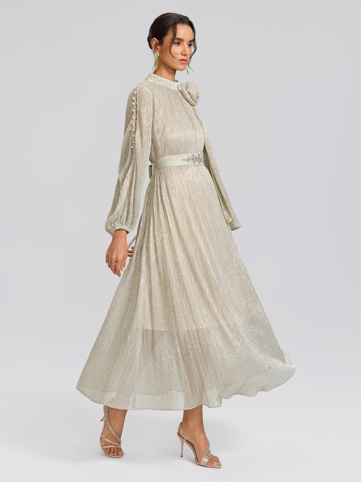 Glitter Pleated Pearl-Buttons Dress (Detachable Floral & Waist Tie Included)