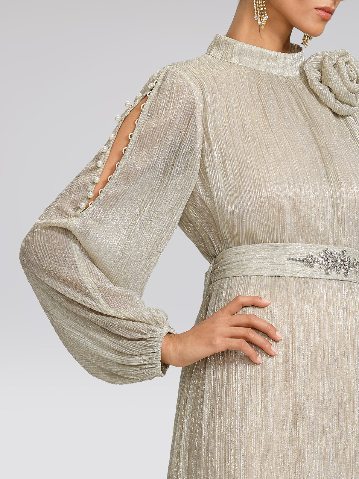 Glitter Pleated Pearl-Buttons Dress (Detachable Floral & Waist Tie Included)