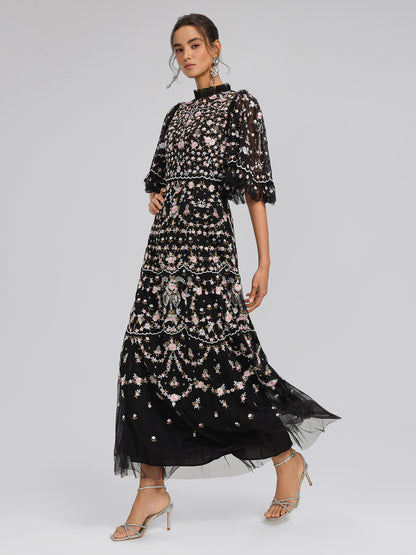 Embroidered Floral Ruffled Tulle Dress