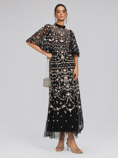 Embroidered Floral Ruffled Tulle Dress