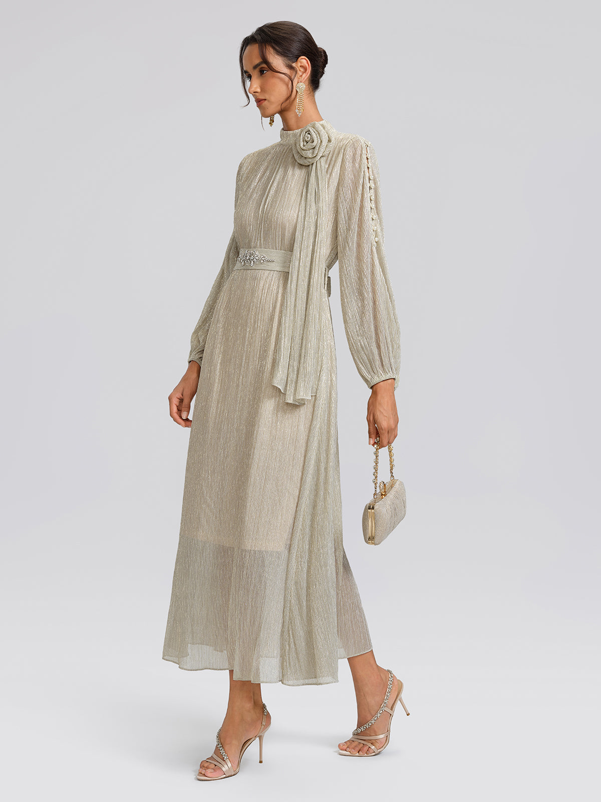 Glitter Pleated Pearl-Buttons Dress (Detachable Floral & Waist Tie Included)